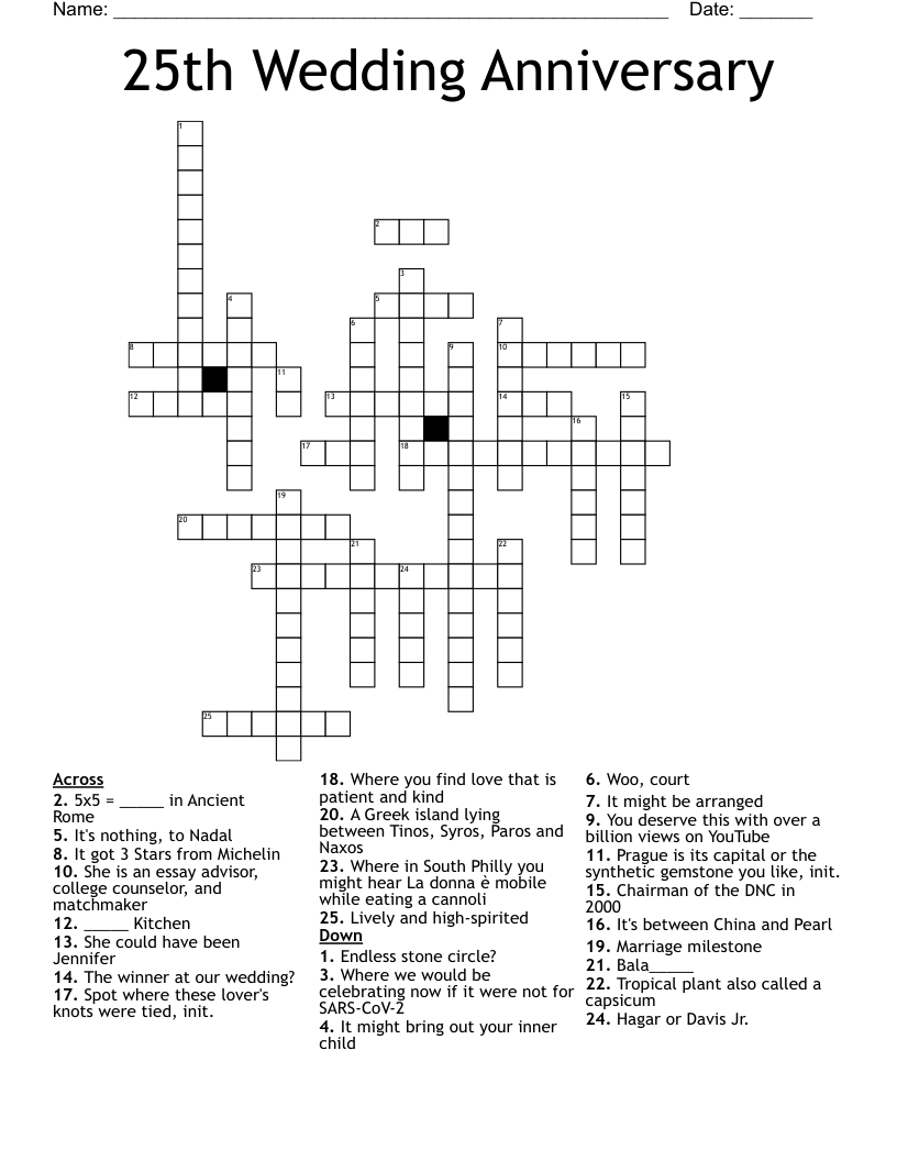 25th Wedding Anniversary Crossword WordMint 25th Wedding Anniversary Crossword WordMint
