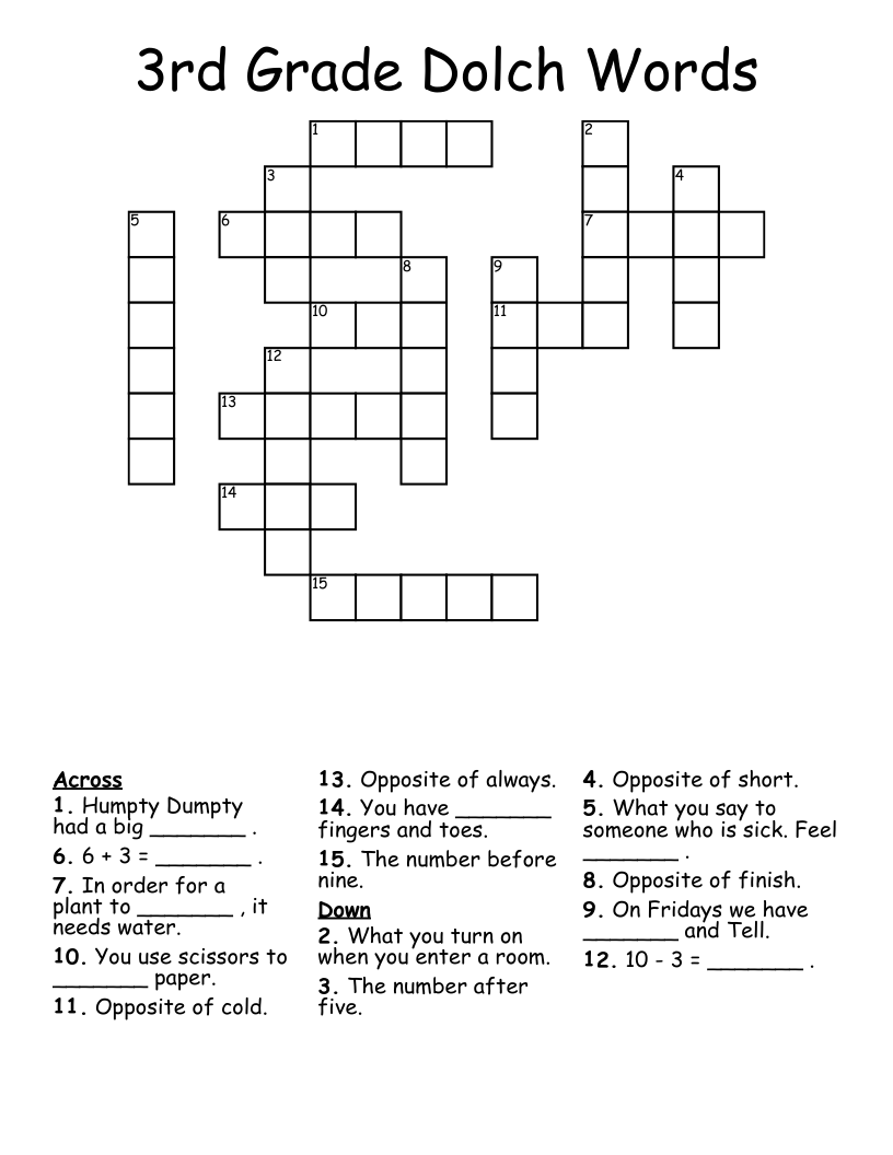 3rd Grade Dolch Words Crossword WordMint 3rd Grade Dolch Words Crossword WordMint