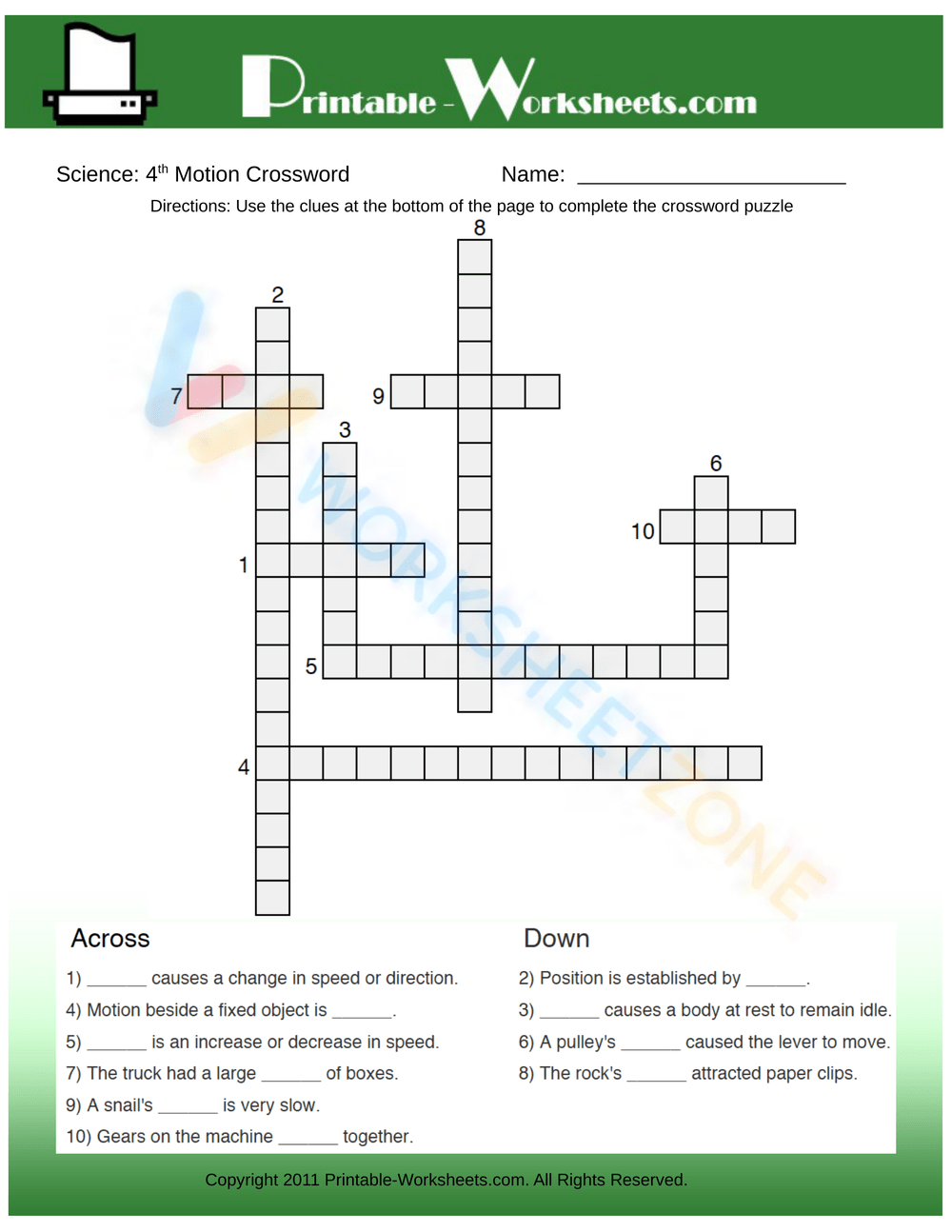4th Grade Science Motion Crossword Worksheet 4th Grade Science Motion Crossword Worksheet