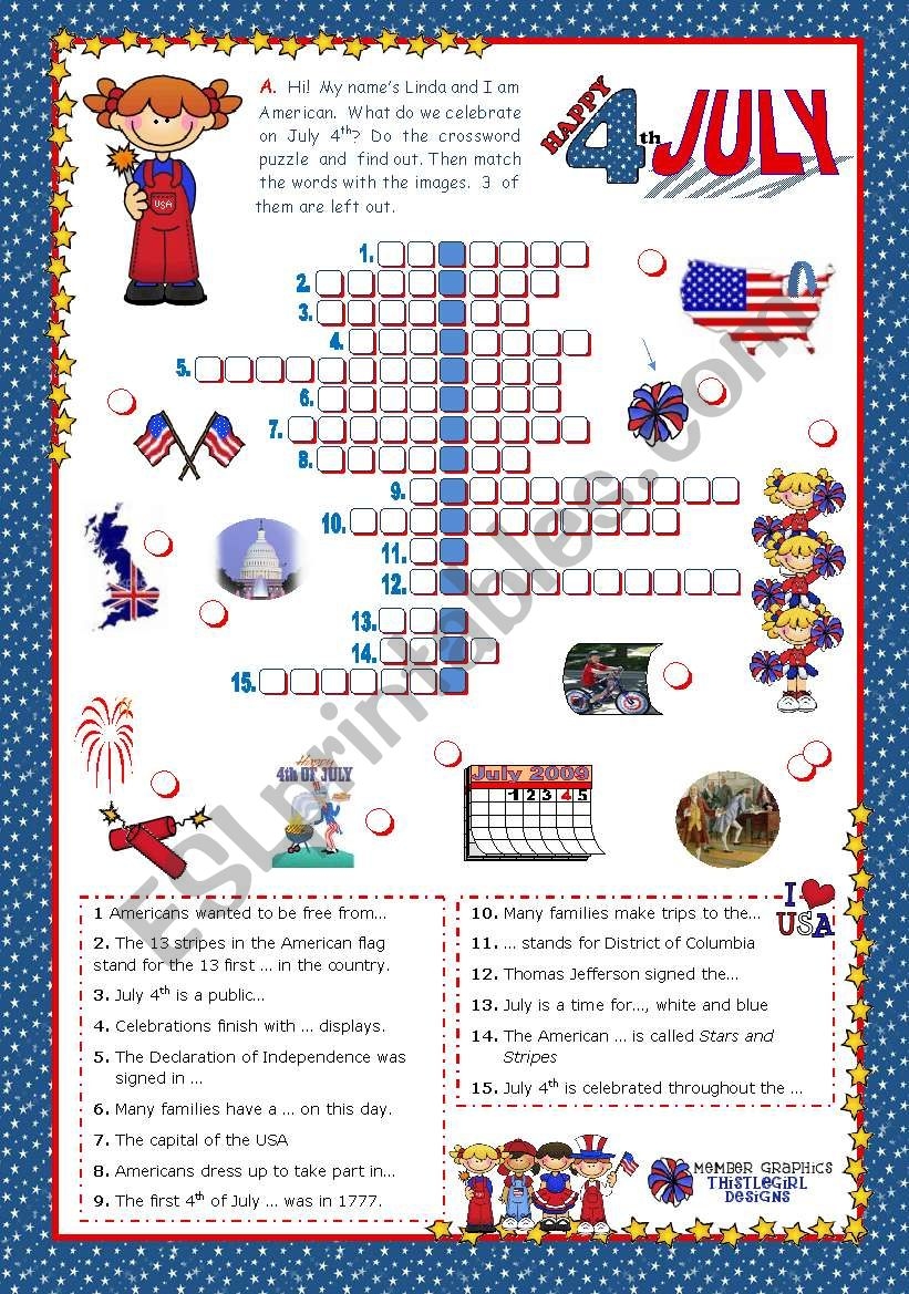 4th Of July Happy Birthday America Crossword Puzzle For Elementary And Lower Intermediate Students ESL Worksheet By Mena22