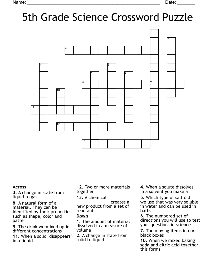 5th Grade Science Crossword Puzzle WordMint 5th Grade Science Crossword Puzzle WordMint