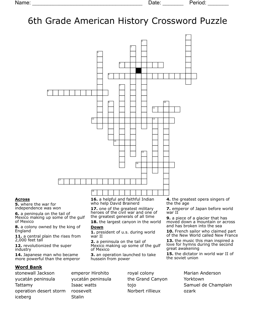 6th Grade American History Crossword Puzzle WordMint