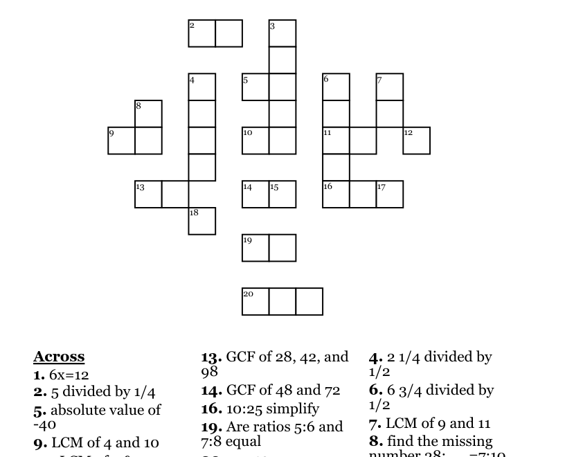 6th Grade Math Crossword WordMint