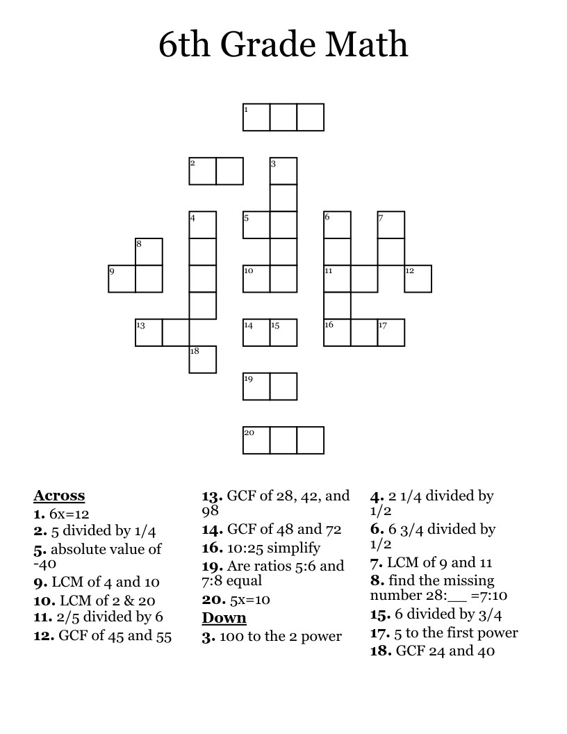6th Grade Math Crossword WordMint 6th Grade Math Crossword WordMint