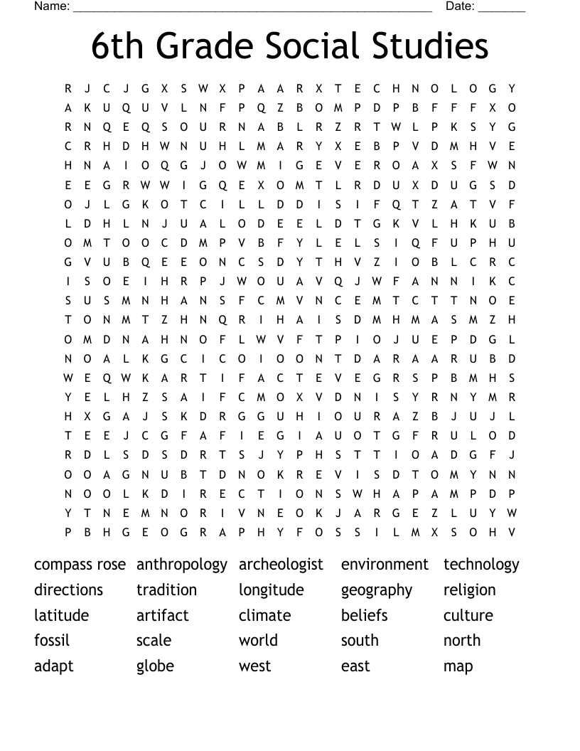 6th Grade Social Studies Word Search WordMint