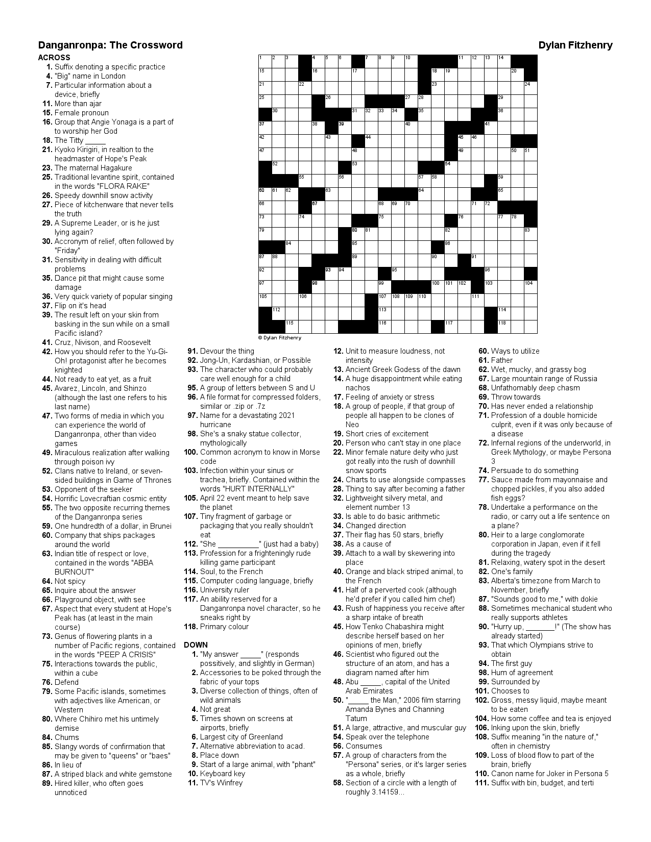 A Hobby Of Mine Is Making Crossword Puzzles So I Made One With Many Danganronpa Themed Clues Try It Out For Yourself Answer Key In The Comments also Spoilers For 1 And