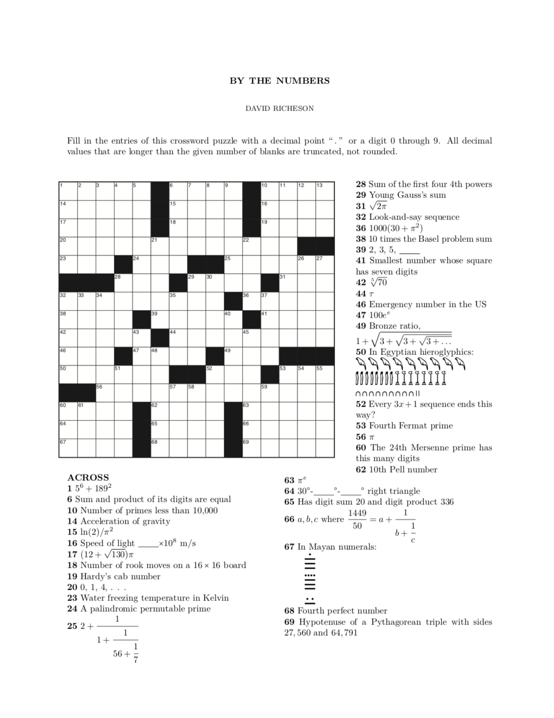A Numerical Crossword Puzzle David Richeson Division By Zero A Numerical Crossword Puzzle David Richeson Division By Zero