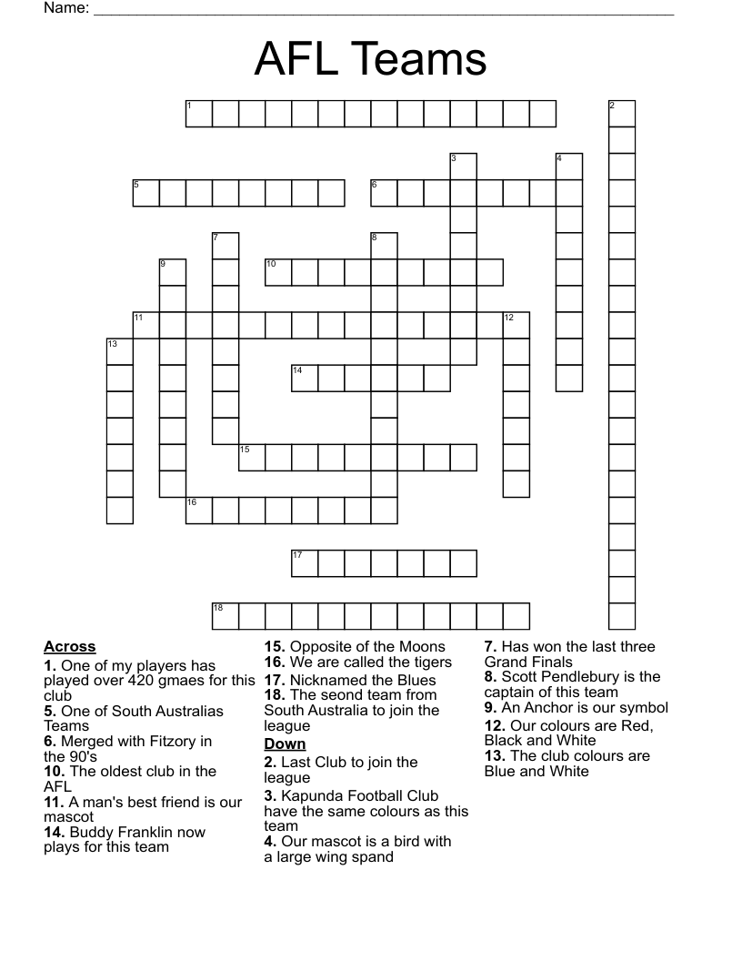 AFL Teams Crossword WordMint AFL Teams Crossword WordMint