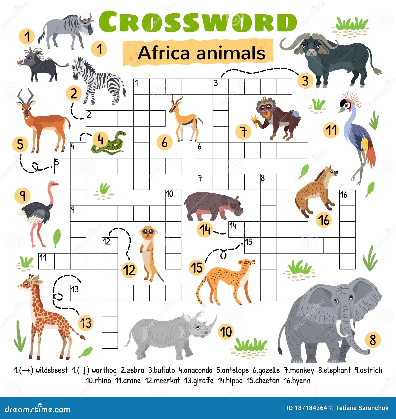 Africa Animals Crossword Game For Preschool Kids Stock Vector Illustration Of Colorful Hyena 187184364