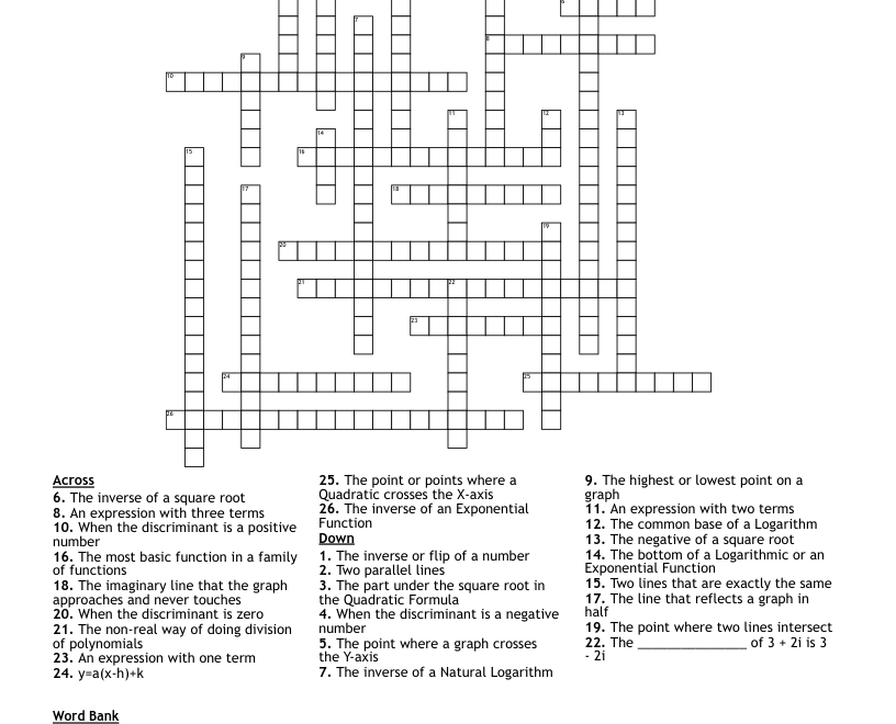 Algebra 2 Vocabulary Crossword WordMint