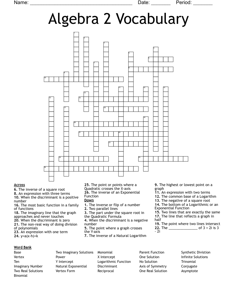 Algebra 2 Vocabulary Crossword WordMint