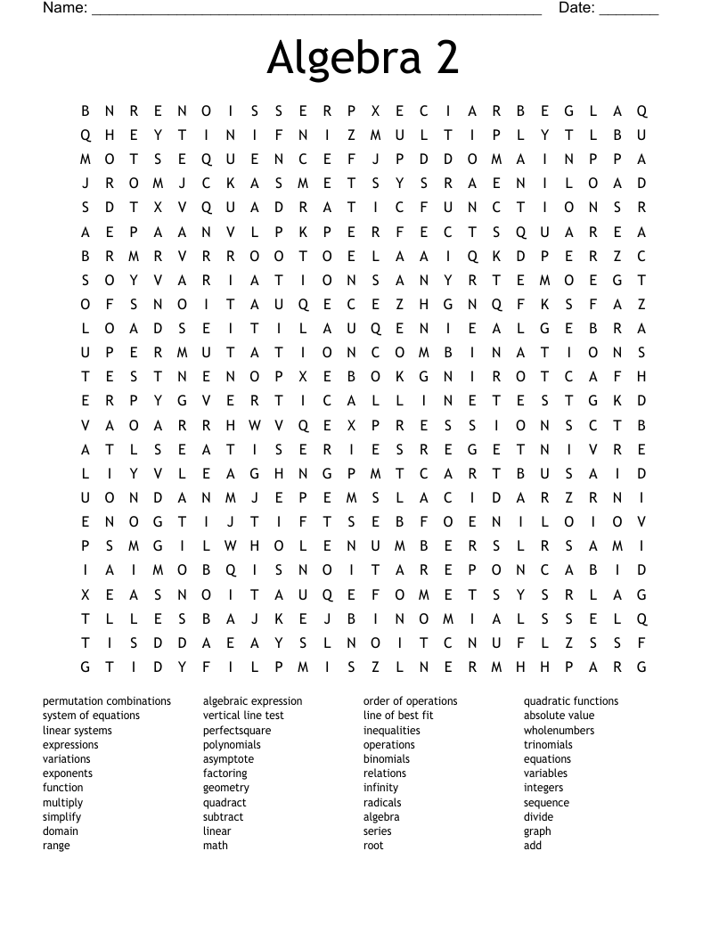 Algebra 2 Word Search WordMint