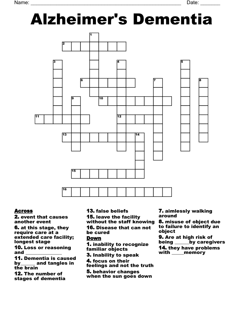 Alzheimer s Dementia Crossword WordMint Alzheimer s Dementia Crossword WordMint