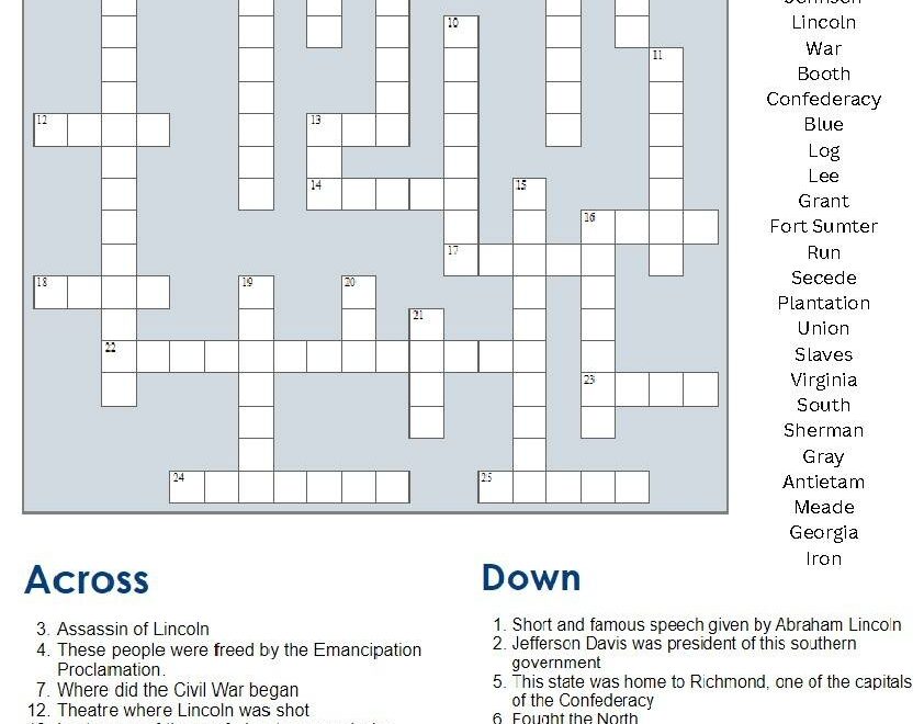 American Civil War Crossword Puzzle With Answer Key By Stokes Scholars