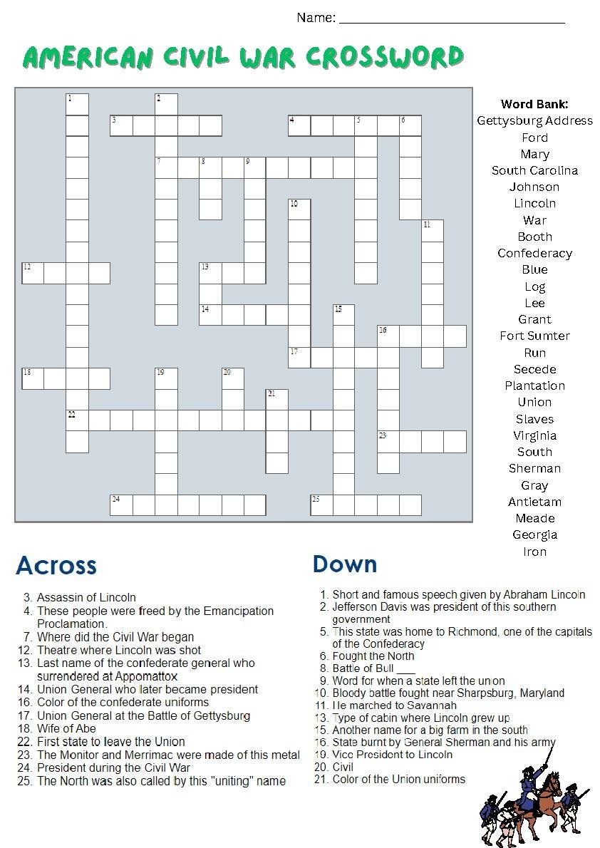 American Civil War Crossword Puzzle With Answer Key By Stokes Scholars American Civil War Crossword Puzzle With Answer Key By Stokes Scholars