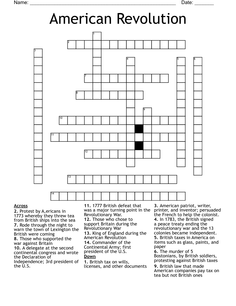 American Revolution Crossword WordMint