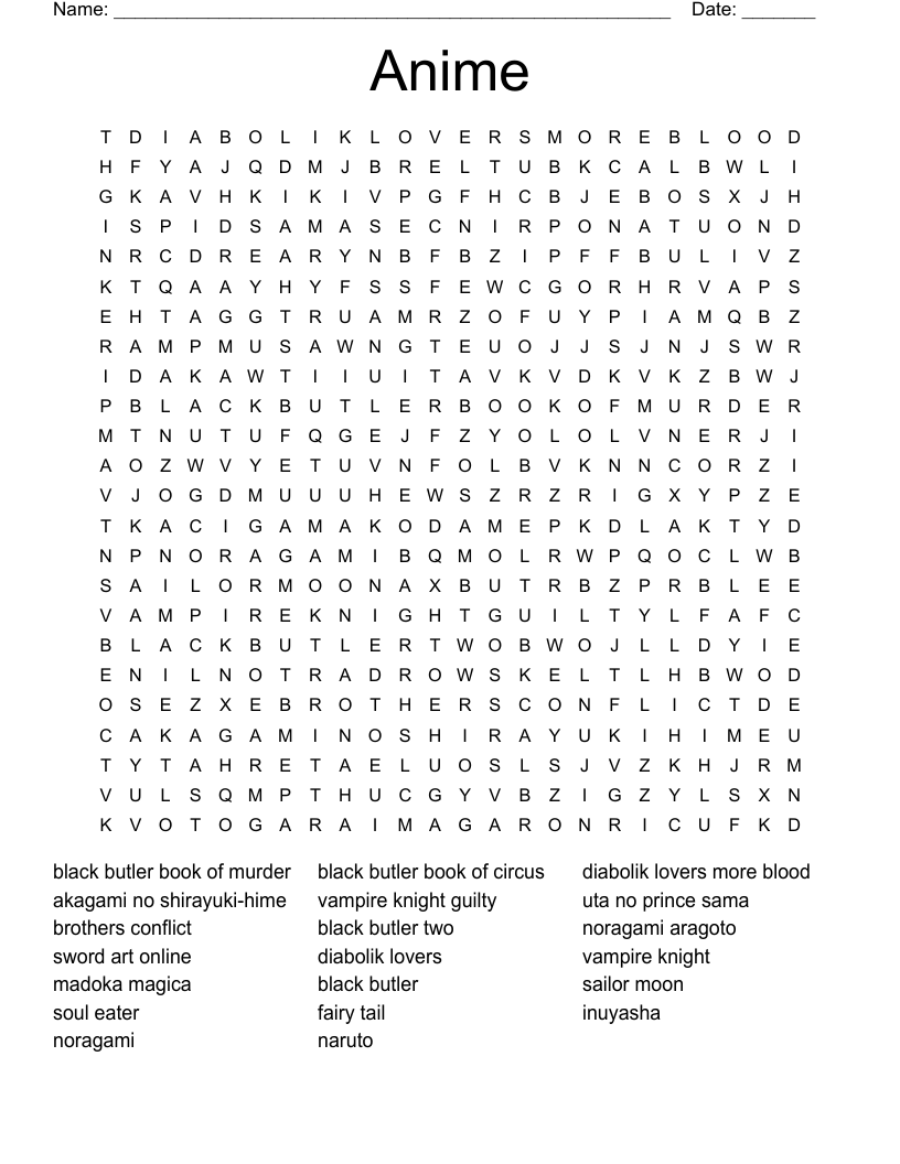 Anime Word Search WordMint Anime Word Search WordMint