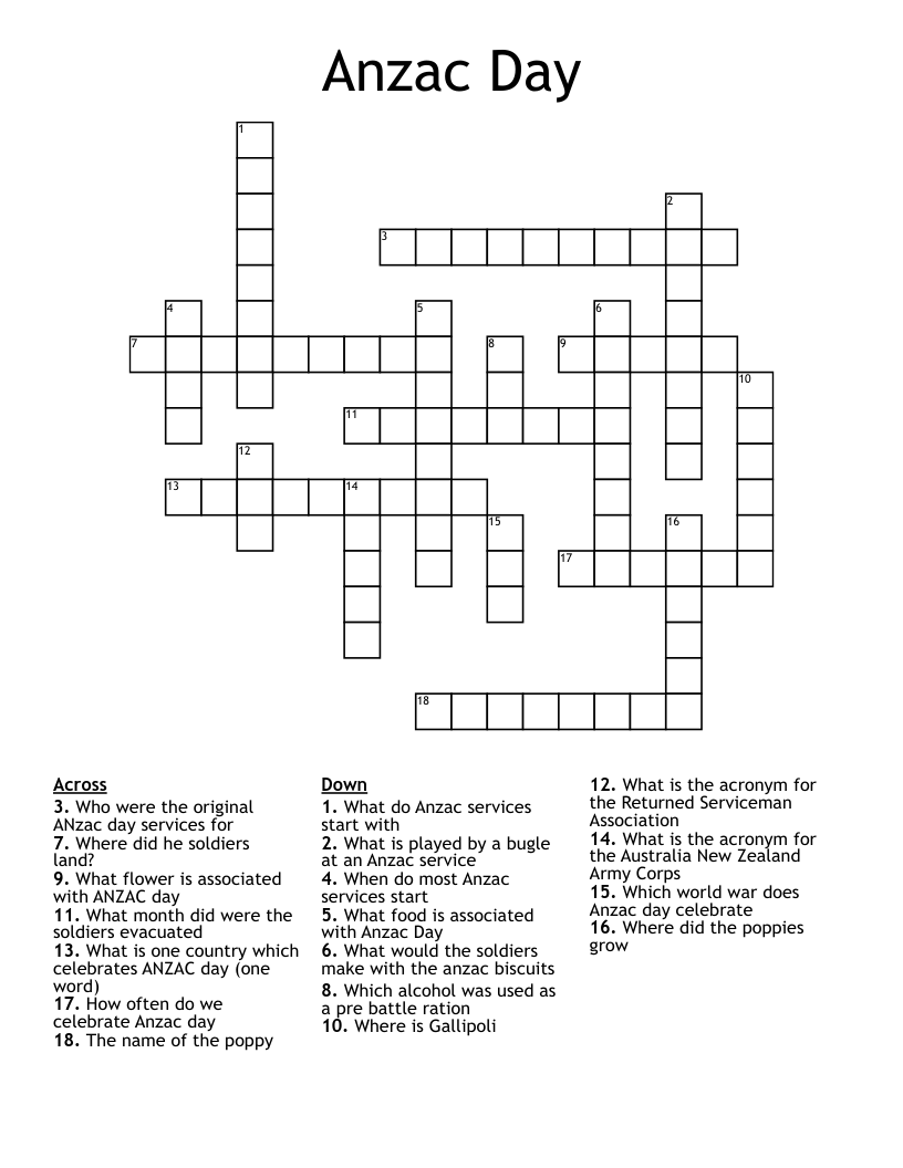 Anzac Day Crossword WordMint Anzac Day Crossword WordMint