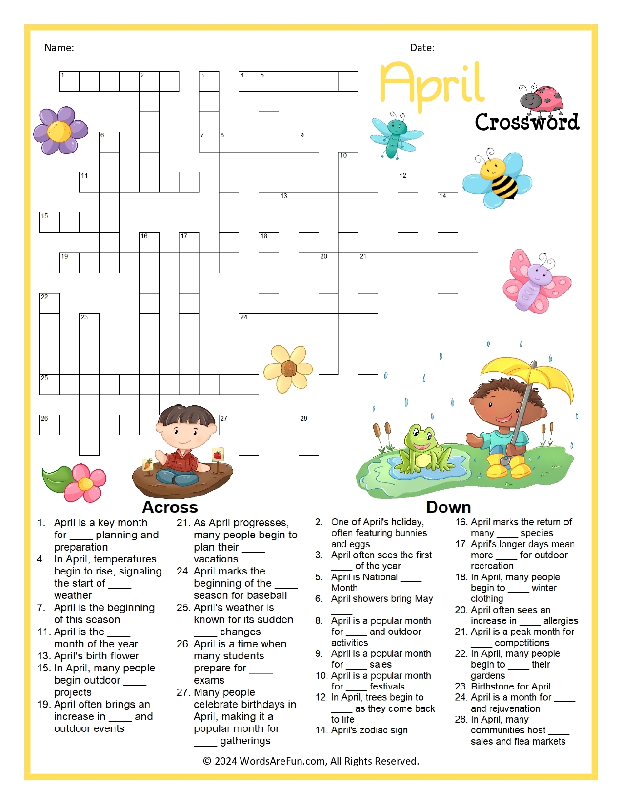 April Crossword Puzzle Printable April Crossword Puzzle Printable