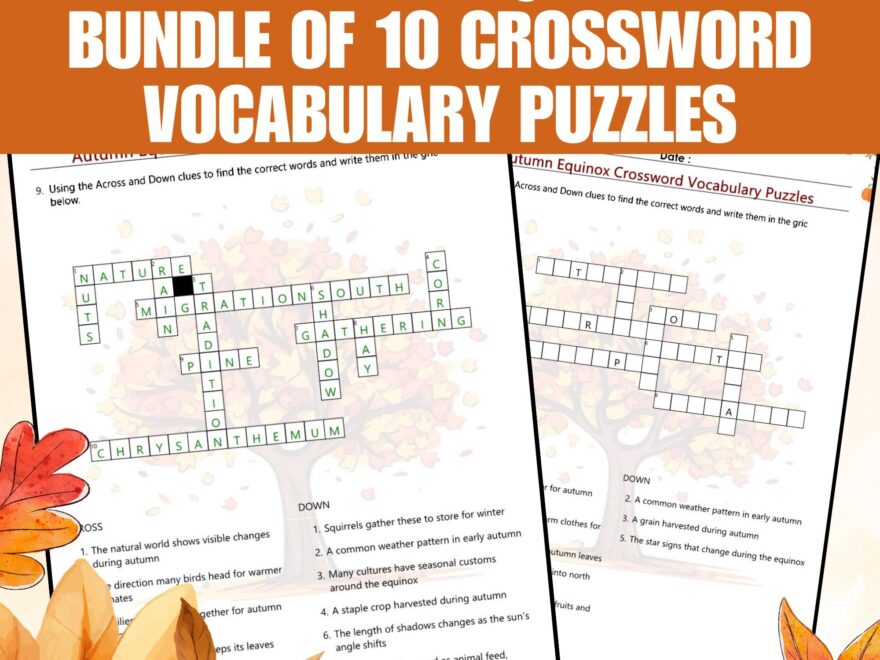 Autumn Equinox Fall Equinox Bundle Of 10 Crossword Puzzles Vocabulary Sub Plan Printable Autumn Party Games Halloween Instant Download Etsy