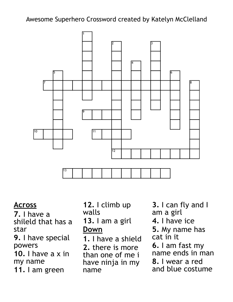 Awesome Superhero Crossword Created By Katelyn McClelland WordMint Awesome Superhero Crossword Created By Katelyn McClelland WordMint