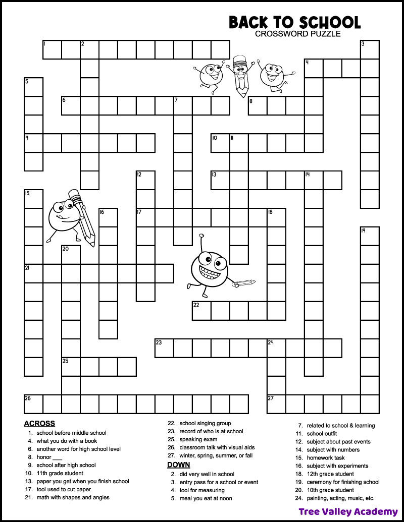 Back To School Crossword Middle School Tree Valley Academy Back To School Crossword Middle School Tree Valley Academy