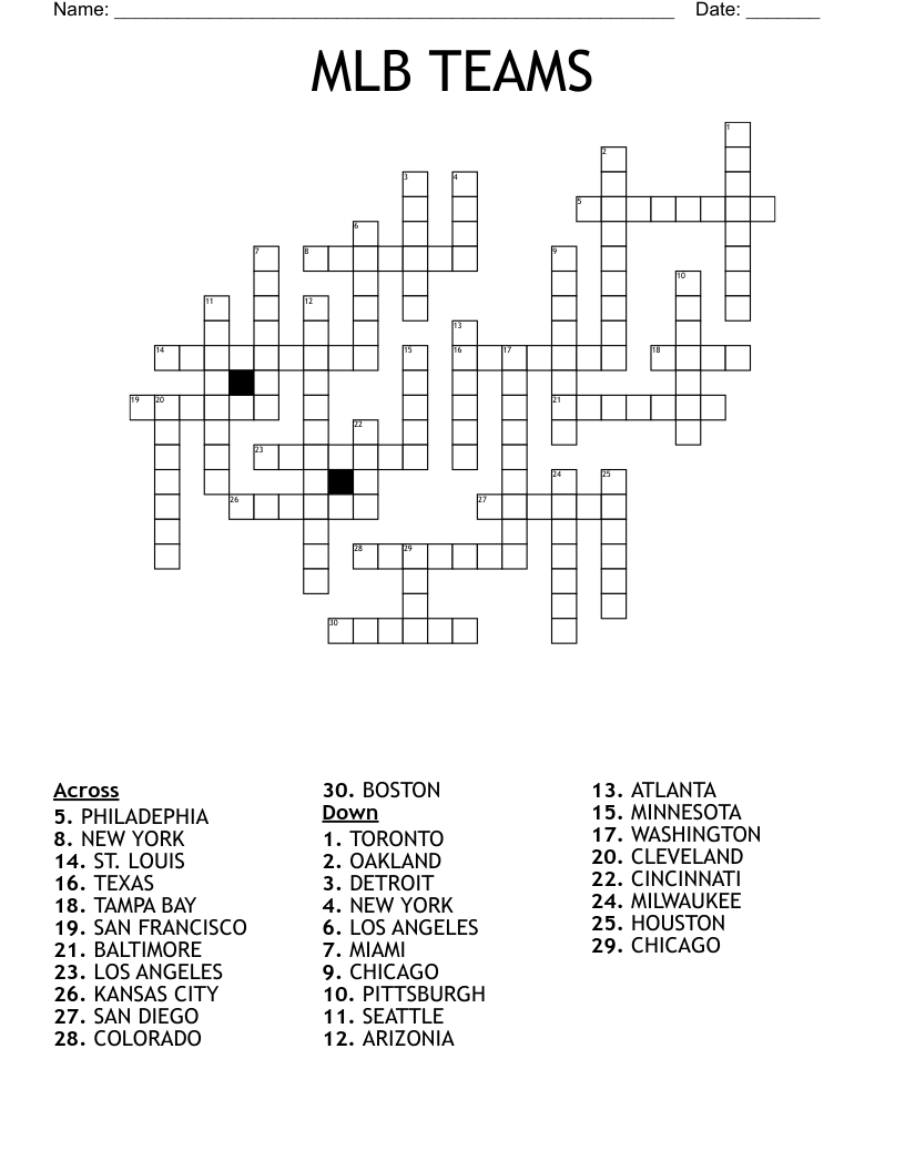 BASEBALL TEAMS Crossword WordMint BASEBALL TEAMS Crossword WordMint