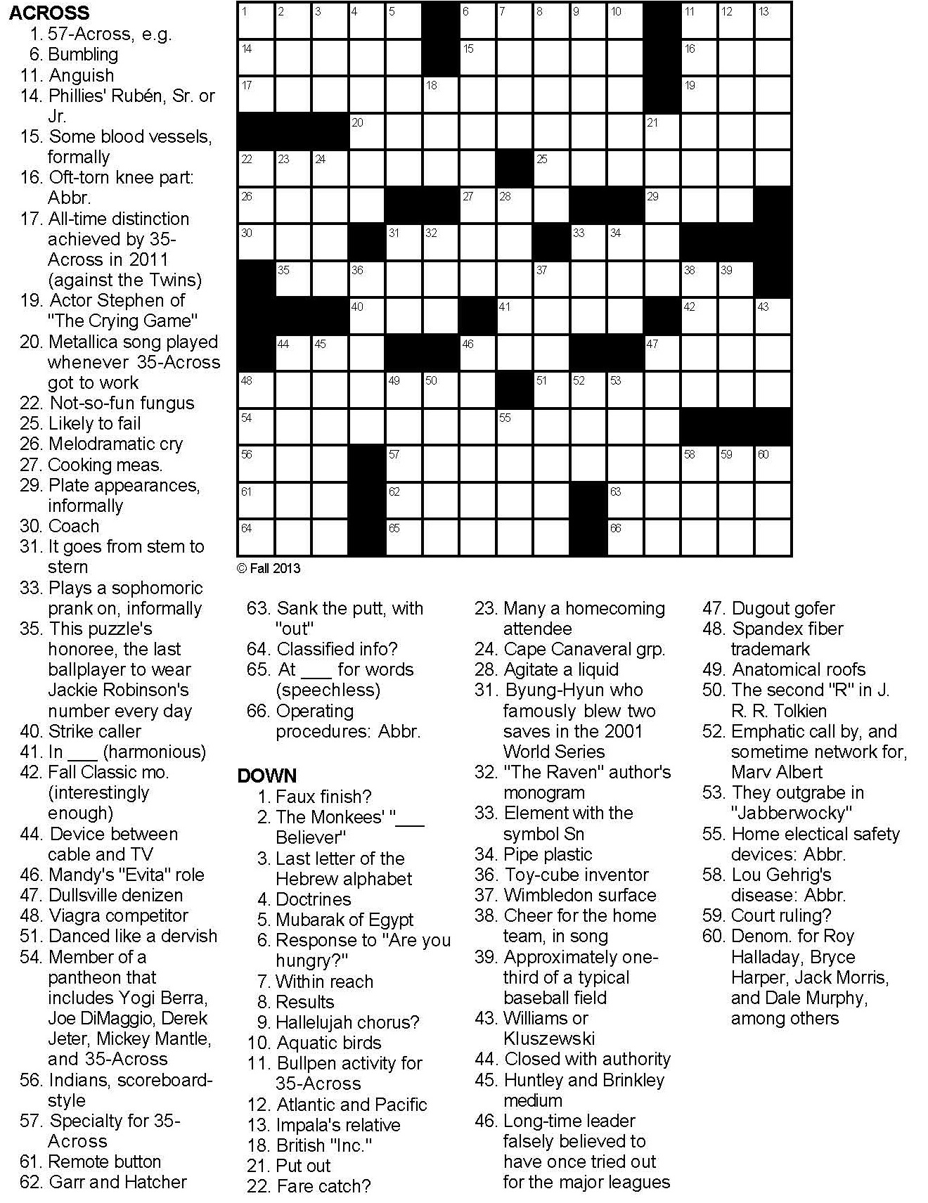 Baseball Tribute Crossword Puzzle Baseball Tribute Crossword Puzzle
