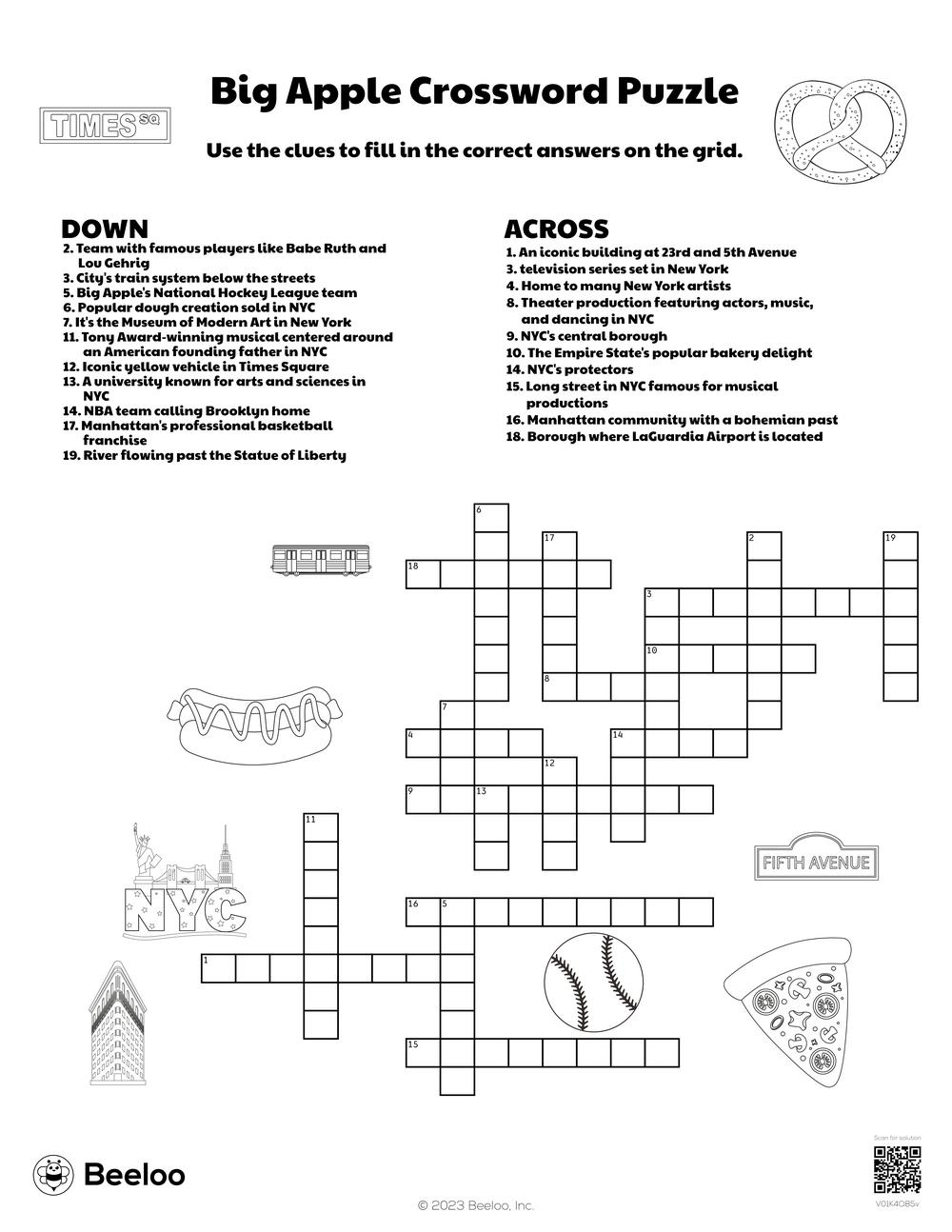 Big Apple Crossword Puzzle Beeloo Printable Crafts And Activities For Kids
