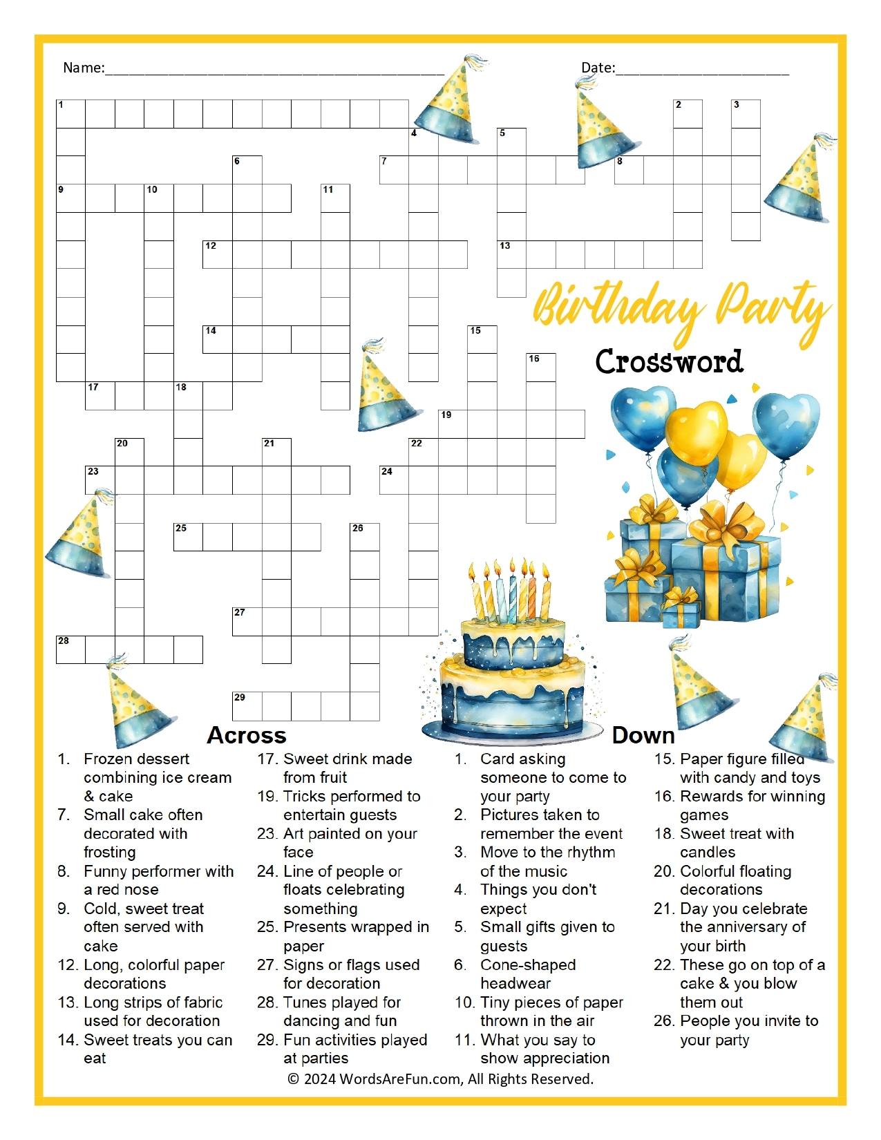 Birthday Party Crossword Puzzle Birthday Party Crossword Puzzle