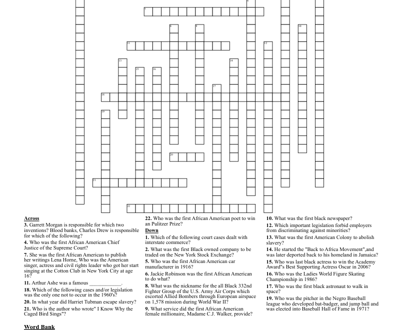 Black History Month Crossword Puzzle WordMint