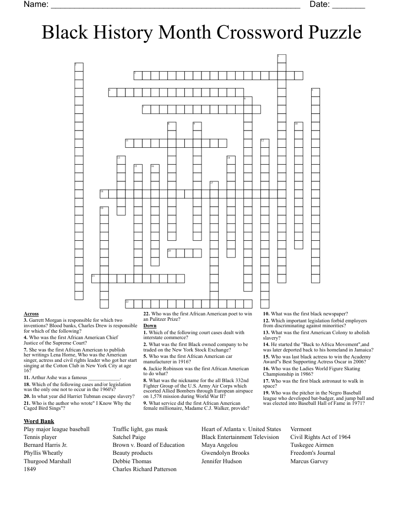 Black History Month Crossword Puzzle WordMint Black History Month Crossword Puzzle WordMint