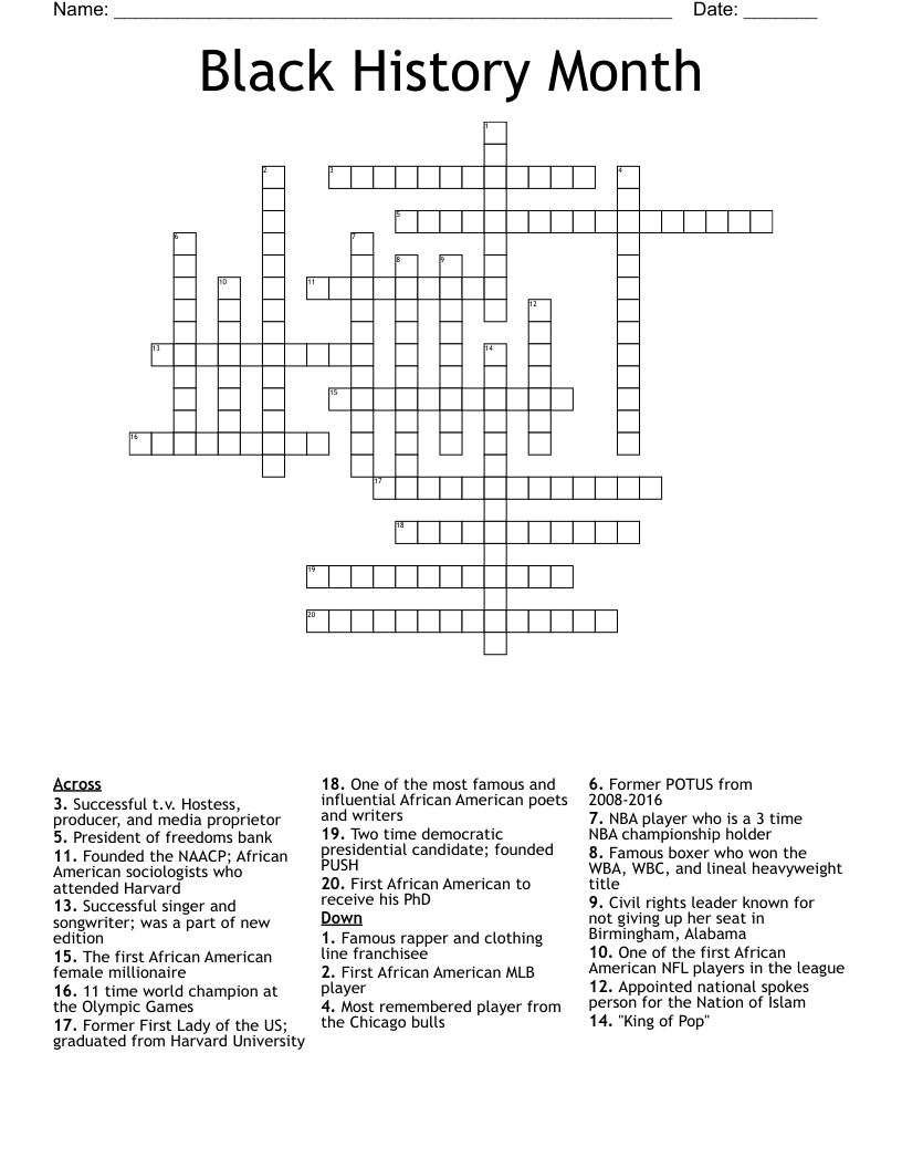 Black History Month Crossword WordMint Black History Month Crossword WordMint