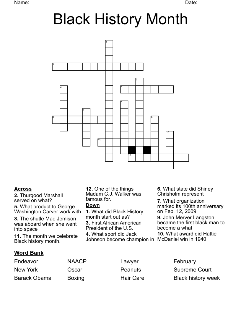 Black History Month Crossword WordMint Black History Month Crossword WordMint