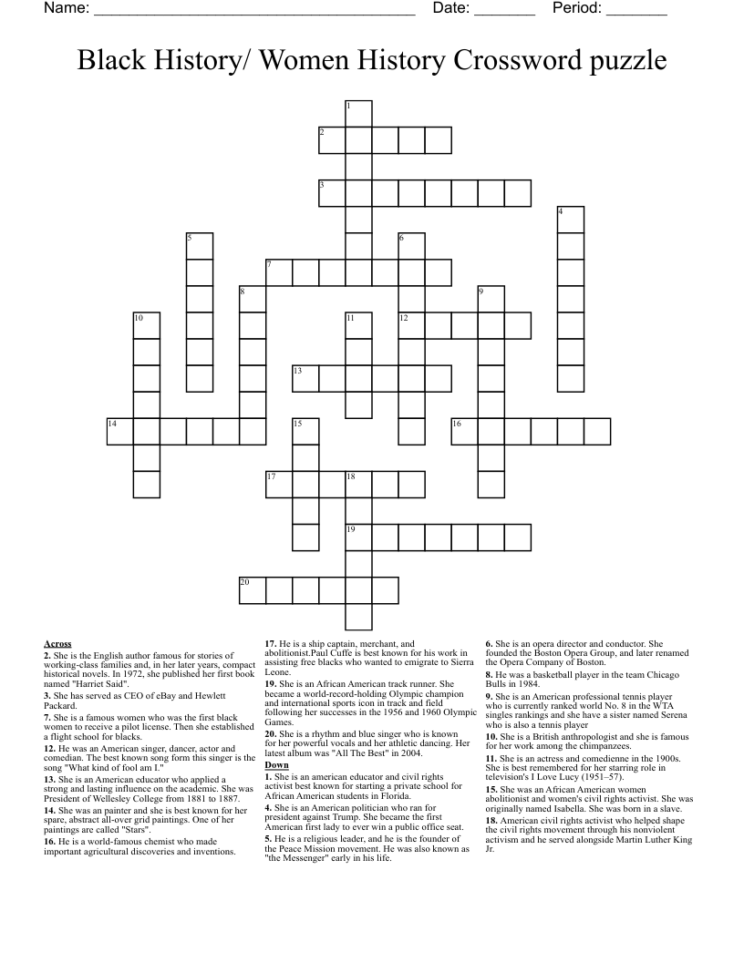 Black History Women History Crossword Puzzle WordMint