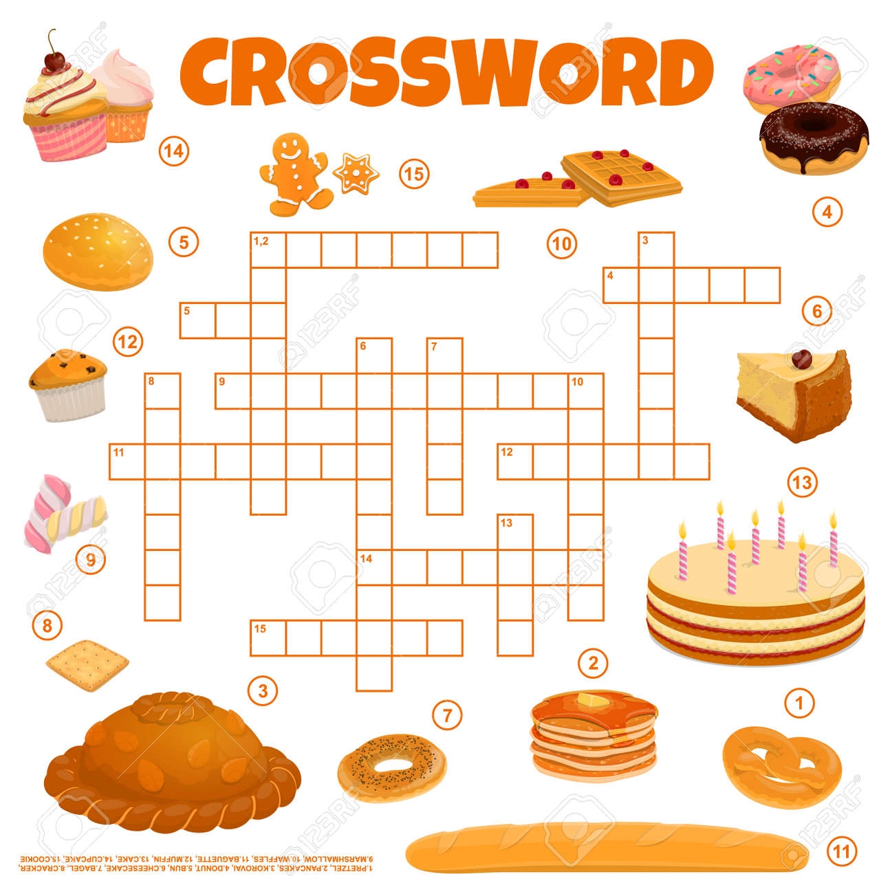 Bread Bakery And Confectionery Crossword Grid To Find Word Vector Quiz Game Crossword Worksheet Grid To Guess Words Of Pastry Waffle Cake Or Cupcake And Cracker Cookie Pretzel And Marshmallow Royalty Free