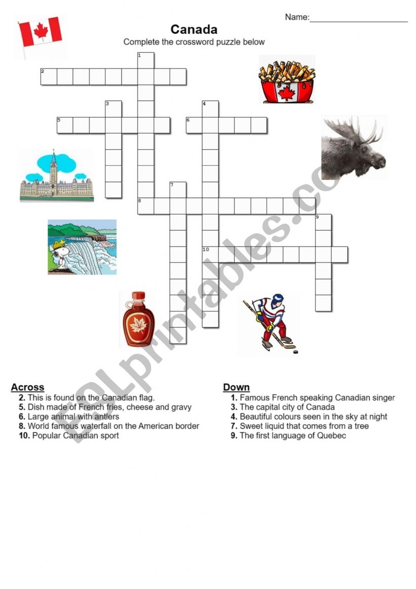 Canada Crossword ESL Worksheet By Samantha emily83