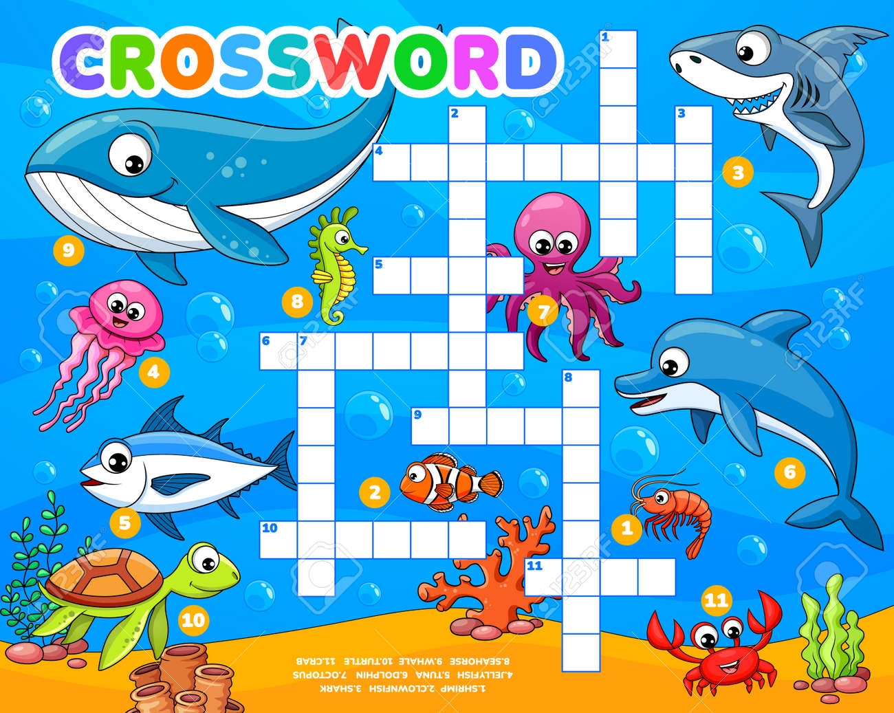 Cartoon Funny Underwater Animals And Fish Crossword Grid Worksheet Find A Word Quiz Of Marine Life Vector Puzzle Game Of Dolphin Shark Octopus And Whale Crab Shrimp Tuna And Seahorse Royalty Free