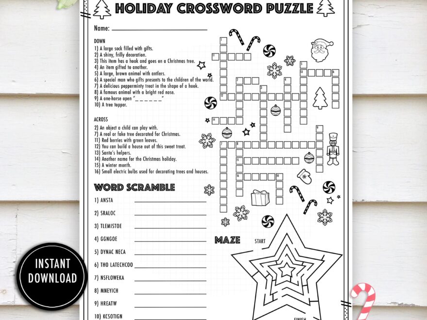 Christmas Crossword Activity Puzzle christmas Worksheets Winter Worksheets Holiday Crossword Maze Word Scramble Etsy