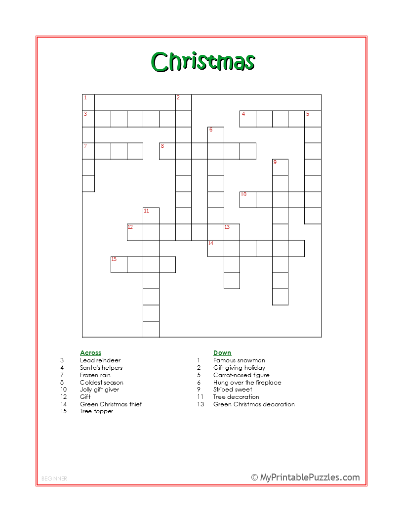 Christmas Crossword Puzzle Beginner My Printable Puzzles Christmas Crossword Puzzle Beginner My Printable Puzzles