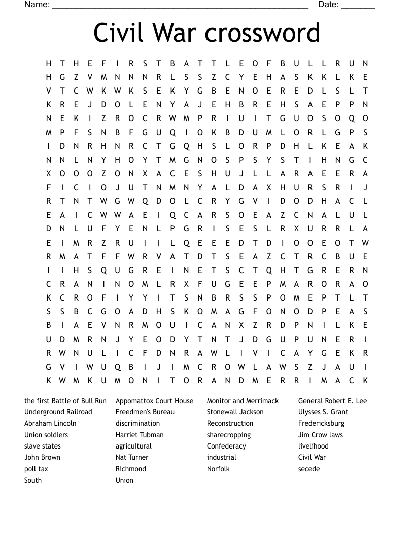 Civil War Crossword Puzzle Printable Civil War Crossword Puzzle Printable