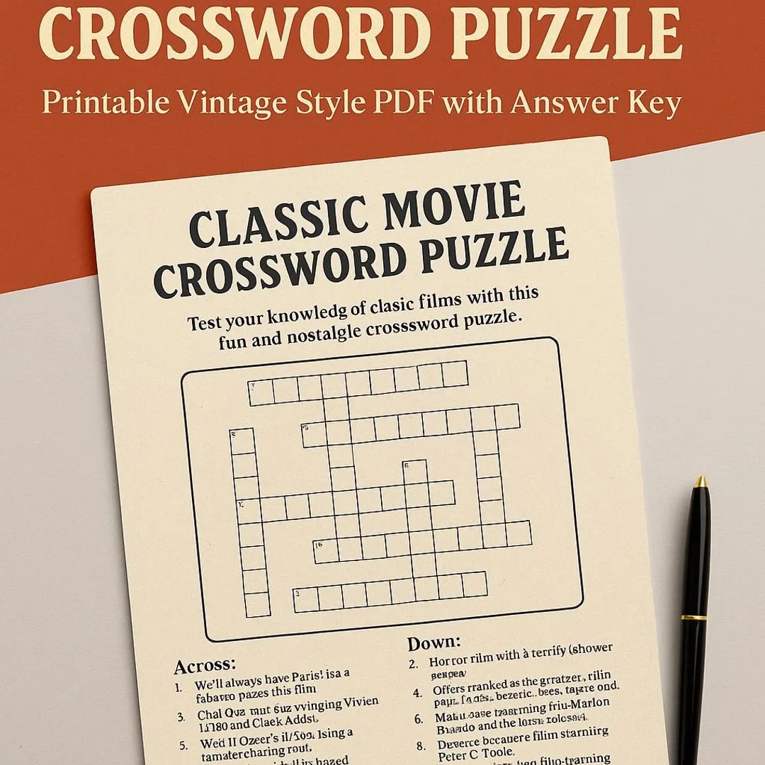 Classic Movie Crossword Puzzle Printable Vintage Style PDF With Answer Key Etsy