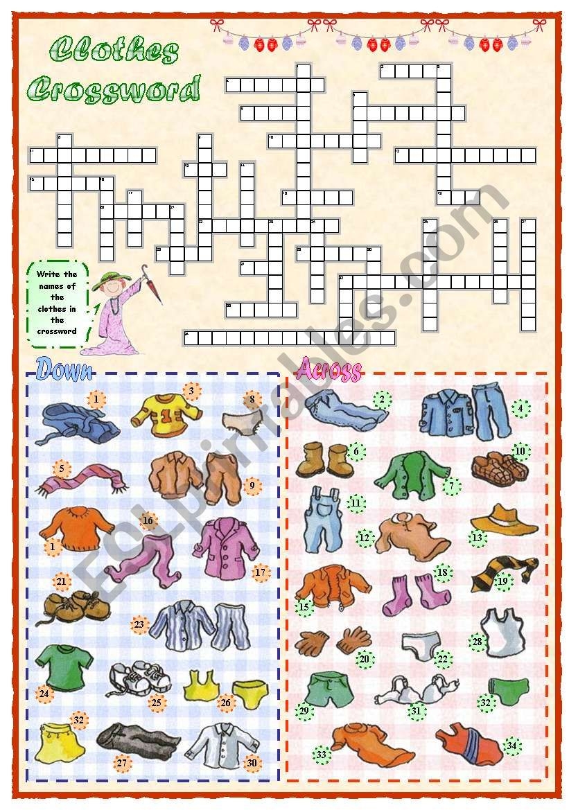 Crosswords Clothes Printable Wordsearch Clothes Printable