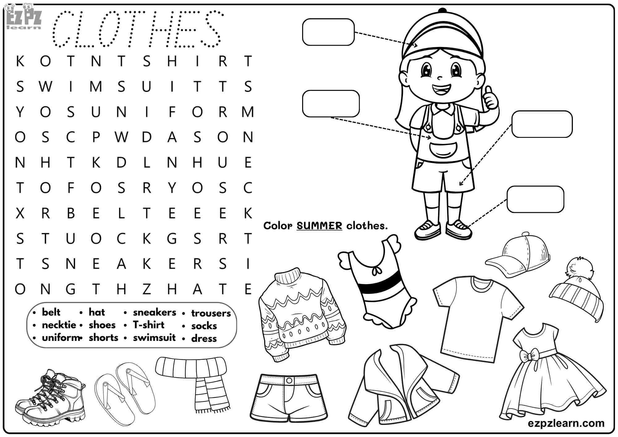 Clothes Vocabulary For Kids Includes Word Search Coloring And Writing Activities Ezpzlearn