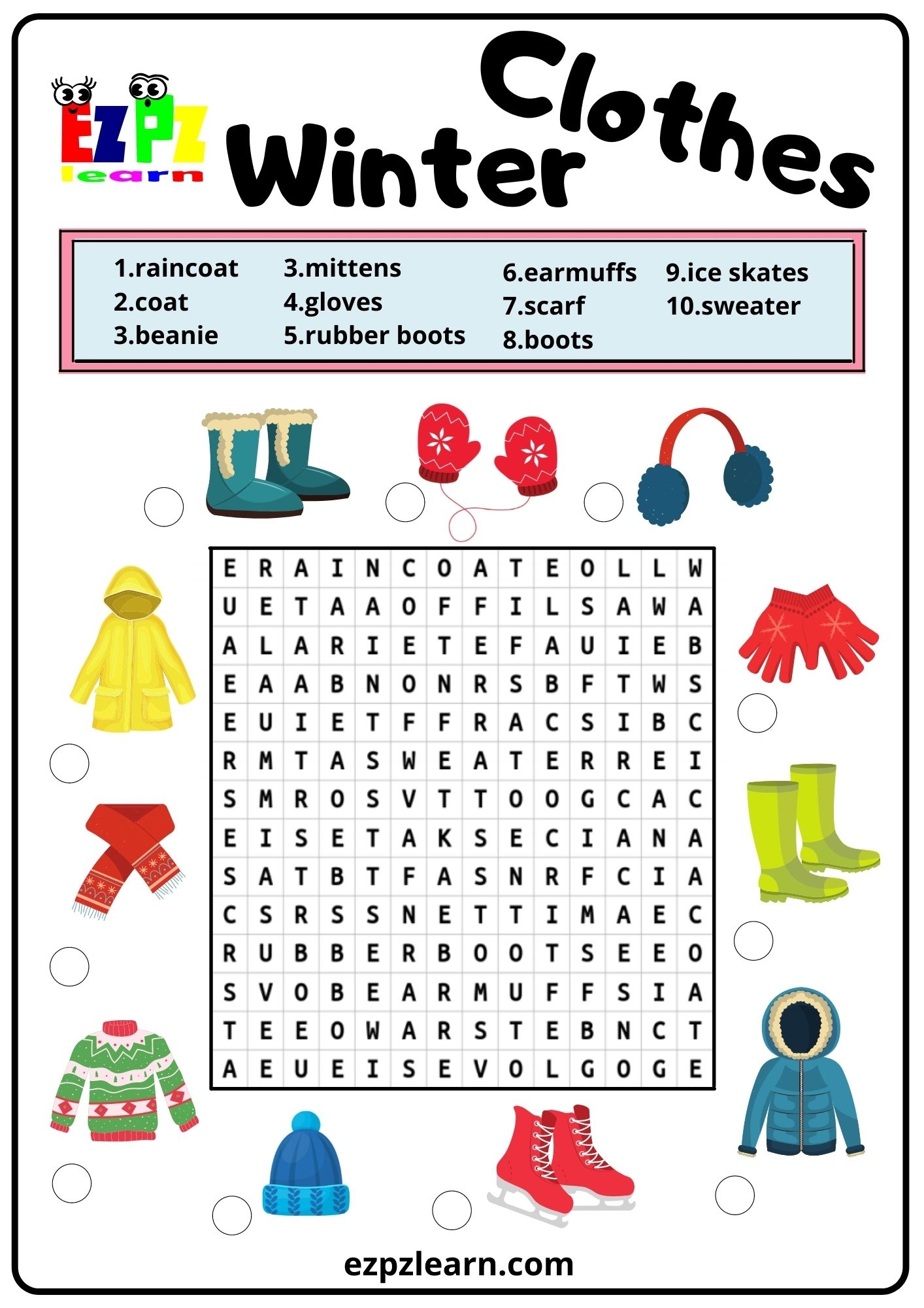 Clothes Winter Word Search 2 Free PDF Download Ezpzlearn