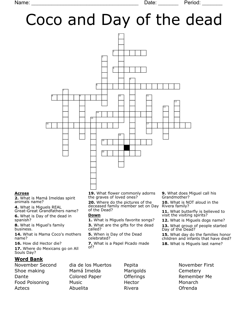 Coco And Day Of The Dead Crossword WordMint Coco And Day Of The Dead Crossword WordMint