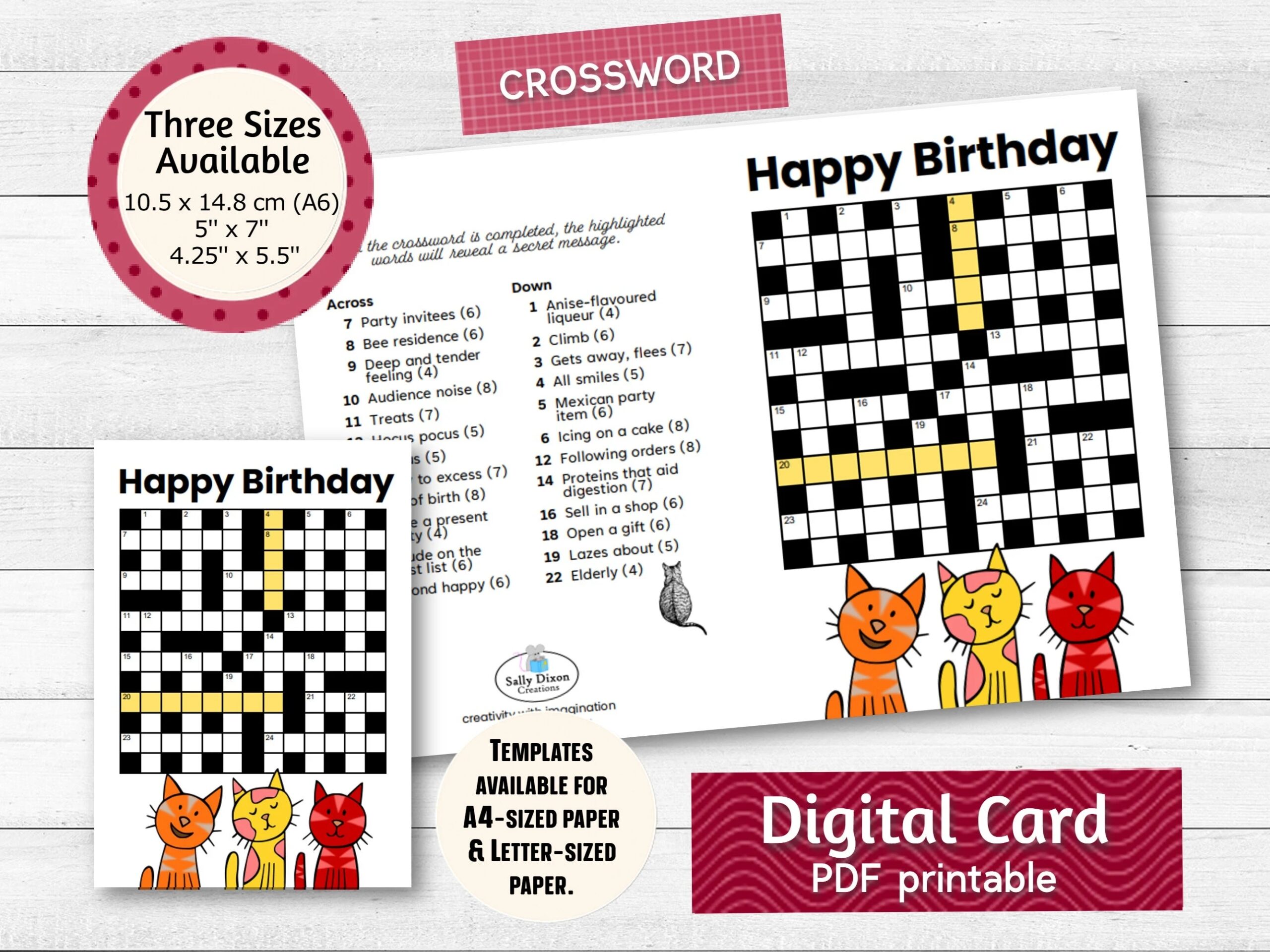 CROSSWORD Printable Card Happy Birthday Card PDF Digital Download Birthday Greeting Card Puzzle Printable Cross Word Puzzle Etsy