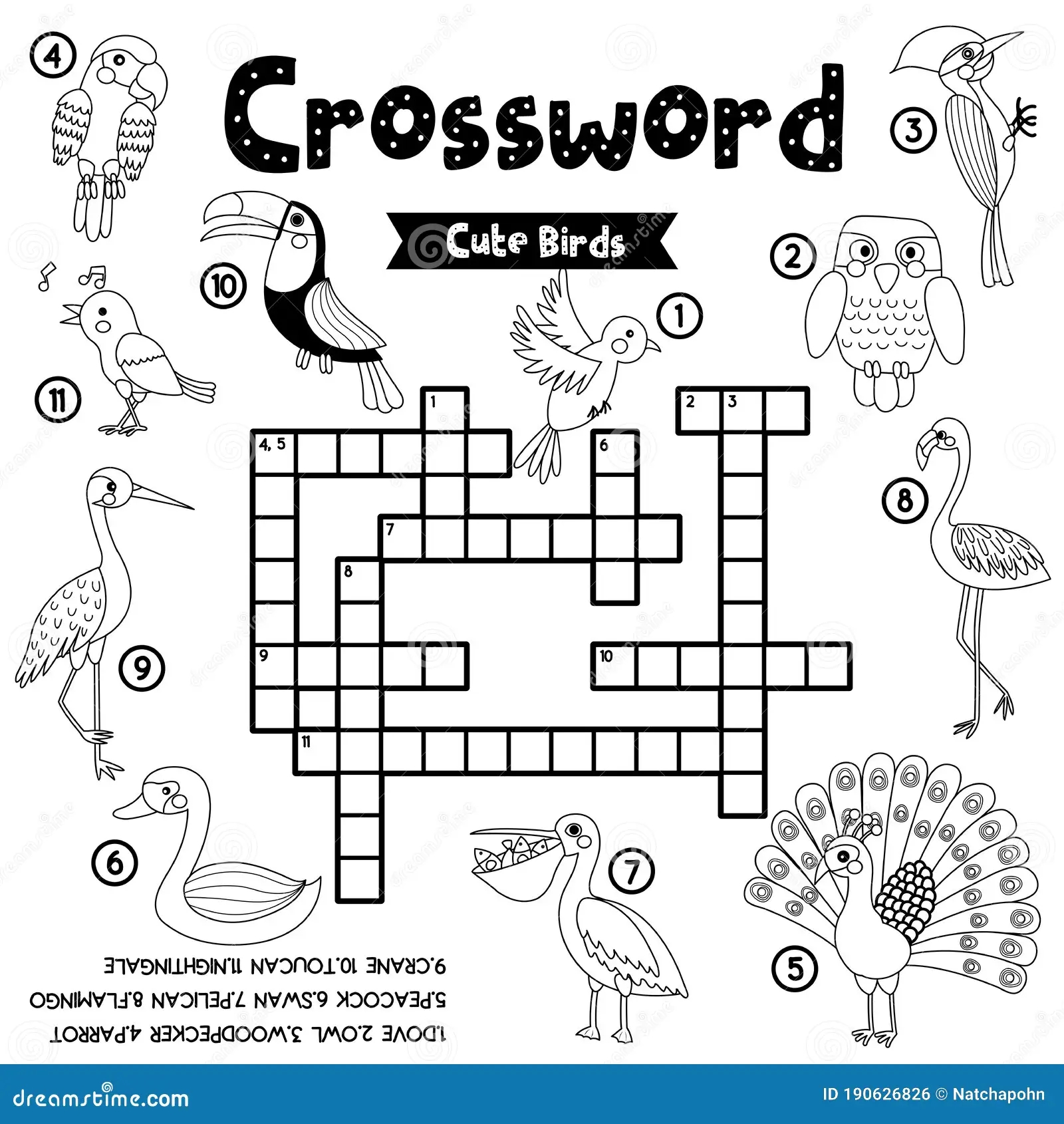 Crossword Puzzle Bird Animals Coloring Version Stock Vector Illustration Of Pelican English 190626826