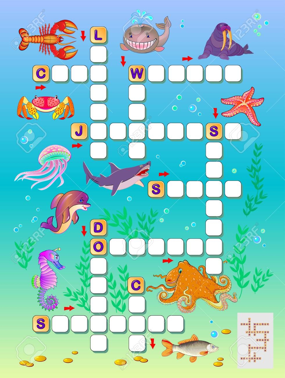 Crossword Puzzle Game For Kids With Sea Animals Educational Page For Children To Study English Language And Words Printable Worksheet For Kids Textbook Back To School Vector Cartoon Image Royalty Free SVG 