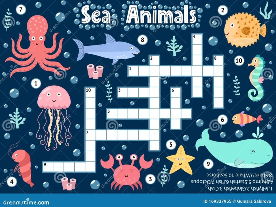 Crossword Puzzle Game Of Sea Animals For Kids Underwater Logical Activity Sheet Stock Vector Illustration Of Crosword Life 169337955